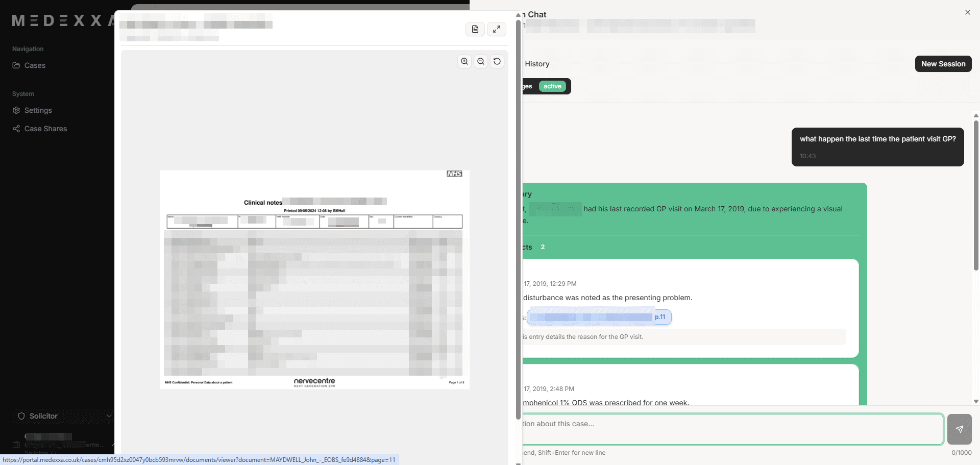 AI chat answering questions about patient records with page references